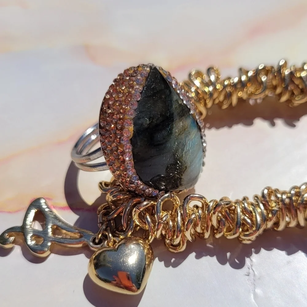 Natural Labradorite & Pave set Hematite Large Silver Ring
